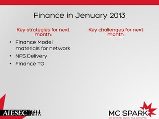 Finance in Jenuary 2013
Key strategies for next
month:
•  Finance Model
materials for network
•  NFS Delivery
•  Finance TO
Key challenges for next
month:
 