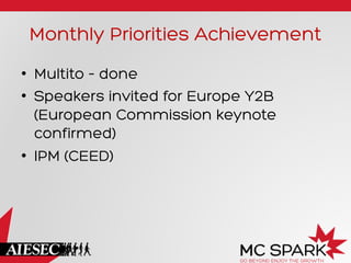 Monthly Priorities Achievement
•  Multito – done
•  Speakers invited for Europe Y2B
(European Commission keynote
confirmed)
•  IPM (CEED)
 