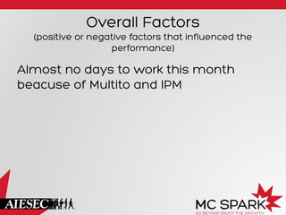 Overall Factors
(positive or negative factors that influenced the
performance)
Almost no days to work this month
beacuse of Multito and IPM
 