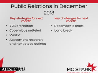 Public Relations in December
2013
Key strategies for next
month:

• 
• 
• 
• 

Y2B promotion
Copernicus setteled
WinCo
Assesment research
and next steps defined

Key challenges for next
month:

•  December is short
•  Long break

 