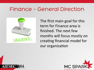 Finance – General Direction
The	
  ﬁrst	
  main	
  goal	
  for	
  this	
  
term	
  for	
  Finance	
  area	
  is	
  
ﬁnished.	
  The	
  next	
  few	
  
months	
  will	
  focus	
  mostly	
  on	
  
crea+ng	
  ﬁnancial	
  model	
  for	
  
our	
  organiza+on	
  

 