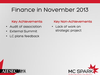 Finance in November 2013
Key Achievements:
•  Audit of association
•  External Summit
•  LC plans feedback

Key Non-Achievements
•  Lack of work on
strategic project

 