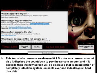  This Annabelle ransomware demand 0.1 Bitcoin as a ransom amount
also it displays the countdown to pay the ransom amount and if it
exceeds then the new screen will be displayed that is an indication of
completely infection system unusable ever and it destroys all hard
disk data.
 