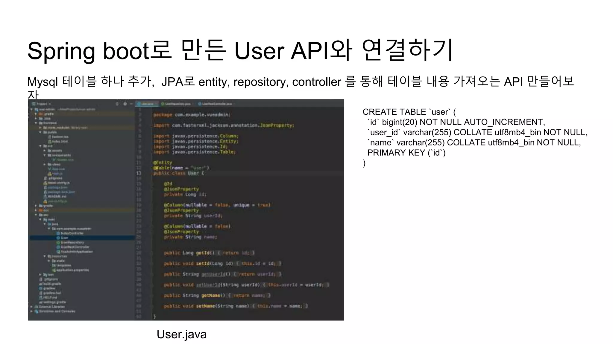 Spring boot로 만든 User API와 연결하기
Mysql 테이블 하나 추가, JPA로 entity, repository, controller 를 통해 테이블 내용 가져오는 API 만들어보
자
User.java
CREATE TABLE `user` (
`id` bigint(20) NOT NULL AUTO_INCREMENT,
`user_id` varchar(255) COLLATE utf8mb4_bin NOT NULL,
`name` varchar(255) COLLATE utf8mb4_bin NOT NULL,
PRIMARY KEY (`id`)
)
 