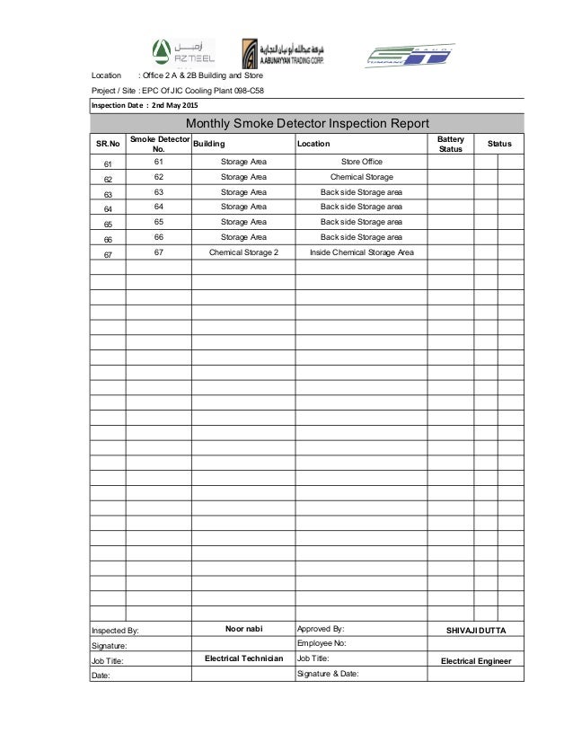 Monthly smoke derector inspection report