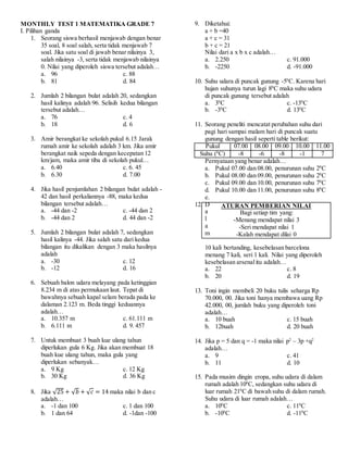 MONTHLY TEST 1 MATEMATIKA GRADE 7
I. Pilihan ganda
1. Seorang siswa berhasil menjawab dengan benar
35 soal, 8 soal salah, serta tidak menjawab 7
soal. Jika satu soal di jawab benar nilainya 3,
salah nilainya -3, serta tidak menjawab nilainya
0. Nilai yang diperoleh siswa tersebut adalah…
a. 96 c. 88
b. 81 d. 84
2. Jumlah 2 bilangan bulat adalah 20, sedangkan
hasil kalinya adalah 96. Selisih kedua bilangan
tersebut adalah…
a. 76 c. 4
b. 18 d. 6
3. Amir berangkat ke sekolah pukul 6.15 Jarak
rumah amir ke sekolah adalah 3 km. Jika amir
berangkat naik sepeda dengan kecepatan 12
km/jam, maka amir tiba di sekolah pukul…
a. 6.40 c. 6. 45
b. 6.30 d. 7.00
4. Jika hasil penjumlahan 2 bilangan bulat adalah -
42 dan hasil perkaliannya -88, maka kedua
bilangan tersebut adalah…
a. -44 dan -2 c. -44 dan 2
b. -44 dan 2 d. 44 dan -2
5. Jumlah 2 bilangan bulat adalah 7, sedangkan
hasil kalinya -44. Jika salah satu dari kedua
bilangan itu dikalikan dengan 3 maka hasilnya
adalah
a. -30 c. 12
b. -12 d. 16
6. Sebuah balon udara melayang pada ketinggian
8.234 m di atas permukaan laut. Tepat di
bawahnya sebuah kapal selam berada pada ke
dalaman 2.123 m. Beda tinggi keduannya
adalah…
a. 10.357 m c. 61.111 m
b. 6.111 m d. 9. 457
7. Untuk membuat 3 buah kue ulang tahun
diperlukan gula 6 Kg. Jika akan membuat 18
buah kue ulang tahun, maka gula yang
diperlukan sebanyak…
a. 9 Kg c. 12 Kg
b. 30 Kg d. 36 Kg
8. Jika √25 + √ 𝑏 + √ 𝑐 = 14 maka nilai b dan c
adalah…
a. -1 dan 100 c. 1 dan 100
b. 1 dan 64 d. -1dan -100
9. Diketahui:
a + b =40
a + c = 31
b + c = 21
Nilai dari a x b x c adalah…
a. 2.250 c. 91.000
b. -2250 d. -91.000
10. Suhu udara di puncak gunung -50
C. Karena hari
hujan suhunya turun lagi 80
C maka suhu udara
di puncak gunung tersebut adalah
a. 30
C c. -130
C
b. -30
C d. 130
C
11. Seorang peneliti mencatat perubahan suhu dari
pagi hari sampai malam hari di puncak suatu
gunung dengan hasil seperti table berikut:
Pukul 07.00 08.00 09.00 10.00 11.00
Suhu (0
C) -8 -6 -8 -1 7
Pernyataan yang benar adalah…
a. Pukul 07.00 dan 08.00, penurunan suhu 20
C
b. Pukul 08.00 dan 09.00, penurunan suhu 20
C
c. Pukul 09.00 dan 10.00, penurunan suhu 70
C
d. Pukul 10.00 dan 11.00, penurunan suhu 80
C
e.
12. D
a
l
a
m
10 kali bertanding, kesebelasan barcelona
menang 7 kali, seri 1 kali. Nilai yang diperoleh
kesebelasan arsenalitu adalah…
a. 22 c. 8
b. 20 d. 19
13. Toni ingin membeli 20 buku tulis seharga Rp
70.000, 00. Jika toni hanya membawa uang Rp
42.000, 00, jumlah buku yang diperoleh toni
adalah…
a. 10 buah c. 15 buah
b. 12buah d. 20 buah
14. Jika p = 5 dan q = -1 maka nilai p2
– 3p +q2
adalah…
a. 9 c. 41
b. 11 d. 10
15. Pada musim dingin eropa, suhu udara di dalam
rumah adalah 100
C, sedangkan suhu udara di
luar rumah 210
C di bawah suhu di dalam rumah.
Suhu udara di luar rumah adalah…
a. 100
C c. 110
C
b. -100
C d. -110
C
ATURAN PEMBERIAN NILAI
Bagi setiap tim yang:
-Menang mendapat nilai 3
-Seri mendapat nilai 1
-Kalah mendapat dilai 0
 