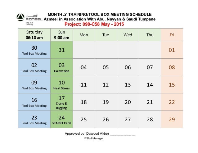 monthly tool box meeting training schedule compatibility mode saturday 0610 am sun 900 am mon tue wed thu fri 30