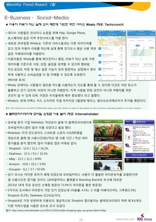 Monthly Trend Report 1월

E-Business· Social-Media
 이용자 리뷰가 아닌 실제 소비 패턴에 기반한 추천 서비스 Wisely (제공: Techcrunch)
• 대다수 사람들은 외식이나 쇼핑을 위해 Yelp, Goolge Places,

포스퀘어와 같은 지역 추천서비스를 이용 한다.
• 새로운 모바일앱 Wisely는 기존의 서비스들과는 다른 아이디어를
갖고 있어 이용자 리뷰를 대신해 실제 통해 인기도나 평균 사용 액과
같은 거래데이터를 이용한다.
• 이용자들은 Wisely를 통해 체크인이나 랭킹, 리뷰가 아닌 실제 거래
데이터를 기준으로 식당, 상점, 술집을 검색할 수 있으며 멤버쉽
카드·포인트 저장 및 예산 설정 기능이 있어 방문하는 상점에서 편리
하게 사용하고 소비습관을 더 잘 이해할 수 있도록 도와준다.

(Mint와 유사)
• Wisely 관계자는 사람들이 얼만큼 카드를 사용하는지 지도를 통해 볼 수 있다면 이것은 어떤 장소가
훌륭하고 인기 있으며, 비싼지 아니면 저렴한지, 지역 사람을 위한 곳인지 아니면 여행자를 위한
곳인지 알 수 있게 되며, 이점은 우리들에게 매우 중요했다 라고 말했다.
• Wisely는 현재 아멕스 카드 소지자만 지원 하자지만 2월경에 체이스, 뱅크오브아메리카가 추가될 예정이다.
출처: http://techcrunch.com/2013/12/06/wisely-helps-you-find-where-to-shop-or-eat-based-on-real-consumer-spending-patterns-not-user-reviews/

 블랙프라이데이에 모바일 쇼핑앱 사용 늘어 (제공: Internetretailer)
• 모바일 분석 기업 Mobida는 작년보다 올해 더 블랙프라이데이에
모바일커머스앱이 많이 이용 되었다고 발표 했다.
• Mobida는 미국 안드로이드 스마트폰 소유자 114,000명을
대상으로 올해 앱 사용시간(분)/작년 앱 사용 시간 / 작년 대비
증가율을 분석 했으며, 많이 이용된 앱은 아래와 같다.
- Shopkick : 12.9 / 11.1 / 16.2%
- Dealnews : 12.3 / 9.3 / 32.3%
- eBay : 12.2 / 11.2 / 8.9%
- Amazon : 10.8 / 10.2 / 5.9%
- Groupon : 6.2 / 3.7 / 67.6%
• 상기 조사는 아이폰 유저가 배제 되었는데 모바일커머스 사용이 더 활발한 아이폰유저를 포함한다면
앱 사용시간은 증가할 것이다. (모바일커머스 플랫폼사 Branding Brand의 조사에 따르면
2013년 18개 주요 온라인 소매점 방문의 71.9%가 아이폰을 통한 방문임)
• 5가지의 조사에서 아마존이 가장 인기 있었는데 (이용률: 4.1%) 그 뒤를 이베이(3.4%), 그루폰(1.3%),
Shopkick (0.2%), Dealnews (0.1%)순이다.
• Shopkick은 가장 빈번하게 이용되어, 평균적으로 Shopkick 앱이용자는 블랙프라이데이 하루 에 8.6개의
다른 커머스앱을 사용한 것으로 조사 되었다.
출처: http://www.internetretailer.com/2013/12/05/mobile-shopping-app-use-grows-black-friday

10

www.inicis.com

 