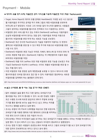 6
Monthly Trend Report 12월
www.inicis.com
 데이터 유출 방지 위해, 비밀번호 관리 서비스를 이용해 비밀번호 리셋 (제공: Techcrunch)
• Target, Home Depot의 데이터 유출 문제와 Heartbleed의 거대한 보안 사고 등으로
웹 이용자들은 추가적인 공격을 막기 위해 그들의 계정 비밀번호를 빈번하게
바꾸도록 요구 받았었다. 이것은 그리 어려운 일이 아니지만 불행이도 사람들은
그들이 생각하는 비밀번호를 웹사이트 전역에서 다시 이용한다는 것이다.
• 비밀번호 관리 서비스를 하고 있는 두회사 Dashlane과 LastPass는 이용자들이
손쉽게 비밀번호를 바꾸려 한다는 것을 감지, 이용자들로 하여금 자동으로
웹사이트 비밀번호를 변경 하게 하는 새로운 기능을 선보였다.
• Dashlane은 최근 인수한 PassOmatic의 기술을 이용하여 이용자는 단 한번의
클릭으로 비밀번호를 변경 할 수 있고 특정 주기에 자동으로 비밀번호를 변경
시킬 수도 있다.
• Dashlane의 비밀번호 변경 기능은 아마존, 이베이, 페이스북 등 미국의 50여 개
사이트 계정에 적용 된다. (Dashlane의 이용자는 약 3백만명이며 이용자 평균
60여개의 비밀번호를 저장)
• Dashlane의 뒤를 이어 LastPass 또한 자동 비밀번호 변경 기능을 선보였고 주요
기능은 Dashlane과 비슷하나 LastPass는 사이트 개별로 비밀번호를 변경 할 수
있는 차별 점이 있다.
• 이런 비밀번호 자동 변경은 쉽게 계정정보를 보호할 수 있으나 대다수의 유명
웹사이트들은 모바일 앱으로도 접근 할 수 있어, 이용자들은 앱상에서는 새로운
비밀번호를 입력해야 하는 불편함이 존재 한다.
출처: http://techcrunch.com/2014/12/10/following-numerous-data-breaches-dashlane-and-lastpass-apps-can-now-reset-passwords-for-you/
 술과 스마트폰, 둘 중 어는 것을 포기? (제공: CNET)
• 일부 사람들은 술을 좋아 하고 다른 일부는 모바일기기로
웹서핑을 하는 것이 더 중요할 수 있다. 보스톤 컨설팅 그룹이
최근 수행한 조사에 따르면 응답자의 58%가 주말에 모바일
기기를 통한 웹서핑 보다는 술을 마시고 싶고, 50%는 커피를
마시거나 영화를 보겠다고 답변 했다.
• 조사는 유럽의 5개 주요국 1,000명을 대상으로 진행 되었으며,
모바일기기를 이용한 행위와 다른 행위와의 선호도를 파악하는
이런 류의 조사가 진행 된 것은 처음이 아니다.
• 2011년에는 70%의 미국인들이 술을 포기하는 대신 모바일기기 이용을 원했고, 55%는 커피를 마시겠다고
답변 했다. 이 당시 40%가 신고 있는 신발보다 아이폰이 중요하다고 말했었었다.
• 조사는 점점 더 많은 사람들이 공공장소에서 머리를 숙이고 그들의 모바일기기를 보고 있어 모바일기기에
대한 집착이 전세계적으로 퍼지고 있다고 분석 했다.
출처: http://www.cnet.com/news/mobile-internet-access-or-alcohol-most-choose-the-former/
Payment· Mobile
 