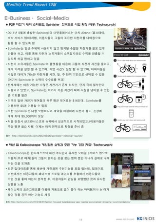 Monthly Trend Report 10월


E-Business· Social-Media
 P2P 자전거 대여 스타트업, Spinlister 전국으로 사업 확장 (제공: Techcrunch)

• 2011년 5월에 출발한 Spinlister의 마켓플레이스는 마치 Airbnb (홈스테이,
 숙박 서비스 업체)처럼, 이용자들이 그들의 소유한 자전거를 대여용으로
 활용 할 수 있도록 함
• Spinlister는 인근 주위에 사용되지 않고 방치된 수많은 자전거를 쓸모 있게
 만들려 하고, 이를 통해 자전거 소유자들이 소액일지라도 수익을 창출할 수
 있도록 하길 원하고 있음
• 자전거 소유자들은 Spinlister의 플랫폼을 이용해 그들의 자전거 사진을 올리고,
 대여 가격을 설정 할 수 있으며, 픽업 시간도 설정 할 수 있으며, 대여자들은
 수많은 대여가 가능한 자전거를 시간, 일, 주 단위 기간으로 선택할 수 있음
 (여기서 Spinlister는 소액의 수수료를 부과)
• 전세계에는 이용 가능한 수많은 자전거가 존재 하지만, 단지 극히 일부만이
 사용되고 있었고, Spinlister는 여기서 기존 자전거 대여 시장을 넘어설 수 있는
 큰 기회를 발견
• 미국의 일반 자전거 대여점의 하루 평균 대여료는 $16인데, Spinlister를
 이용하면 $5에 이용할 수 있음
• 또한 Spinlister는 대형 보험회사와 계약을 체결하여 자전거 절도, 손상에
 대해 최대 $5,000까지 보상
• 처음 런칭시 샌프란시스코와 뉴욕에서 성공적으로 시작되었고,(이용자들은
 주당 평균 $50 사용) 이제는 미국 전역으로 확장을 준비 중


출처: http://techcrunch.com/2012/09/26/spinlister-national-launch/


 패션 앱 Kaleidoscope 개인화된 쇼핑과 추천 기능 강화 (제공: Techcrunch)

• Kaleidoscope은 핀터레스트의 패션 게시판과 유사한 모바일 e커머스 앱으로
 이용자(주로 여자)들이 그들이 원하는 옷을 찾는 행위 뿐만 아니라 실제로 구매
 하는 것을 도와줌
• 최근 업데이트를 통해 패션에 개인화된 추천기능을 포함 했는데, 업데이트
 버전에서는 이용자들의 페이스북 프로필 데이터를 추출해서 이용자들이
 어떤 것을 좋아 하는지 분석한 후, 이용자들이 관심을 표명했던 것과 유사한
 상품을 노출
• 페이스북의 오픈그래프를 이용해 자동으로 앱이 좋아 하는 아이템이나 눈 여겨
 봤던 것을 공유 하는 기능도 제공

출처: http://techcrunch.com/2012/08/27/fashion-focused-kaleidoscope-app-readies-personalized-shopping-recommendations/




                                                                    11                                www.inicis.com
 