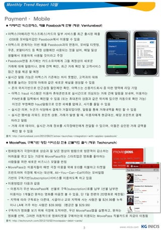 Monthly Trend Report 10월


Payment· Mobile
 아메리칸 익스프레스, 애플 Passbook에 연동 (제공: Venturebeat)

• 아멕스(아메리칸 익스프레스)카드의 일부 서비스를 최근 출시된 애플
  iOS6용 모바일지갑인 Passbook에서 이용할 수 있음
• 아멕스의 관계자는 이번 애플 Passbook과의 연동이, 모바일 티켓팅,
 쿠폰, 로열티카드 등 특정 상황에만 사용되는 것을 넘어, 매일 일상
 생활에서 유용하게 사용될 것이라고 주장
• Passbook연동 초기에는 카드소유자에게 그들 계정상의 새로운
 거래에 대해 알림이나, 현재 잔액 확인, 최근 거래 확인 및 고객서비스
 접근 등을 제공 할 예정
• 실시간 알림 기능은 아멕스가 기존에는 하지 못했던, 고객과의 대화
 통로를 늘리는 것인데 아래와 같은 새로운 채널을 생성할 수 있음
 - 폰의 위치기반으로 인근상점 할인제안 확인. 아멕스는 신용카드회사 중 이런 영역에 리딩 기업
 - 아멕스 fraud 시스템은 이용자 휴대폰번호로 실시간으로 의심되는 거래 건에 알림을 보내며, 이용자는
    PIN번호를 입력해서 확인할 수 있음 (또는 휴대폰이 상점과 같은 위치에 있으면 자동으로 확인 가능)
    이것은 부정확한 fraud알림으로 인한 피해를 없애고, 사기를 줄일 수 있음
 - 실시간 리뷰, 누군가 식당에서 결제가 거절되었다면, 알림을 통해 거래내역을 확인 할 수 있음
 - 실시간 멤버쉽 리워드 포인트 상환, 거래가 발생 할 때, 이용자에게 현금대신, 해당 포인트로 결제
   하라고 알림
 - 거래 리뷰 데이터, 실시간 거래 정보를 시각장애인에게 전달할 수 있으며, 이들은 승인된 거래 금액을
    확인 할 수 있음
출처: http://venturebeat.com/2012/09/21/amex-launches-integration-with-apples-passbook/

 MoviePass, 구독기반 영화 서비스와 전용 선불카드 출시 (제공: Techcrunch)

• 영화업계가 극장이용료 상승과 질 낮은 영상의 범람으로 방문객이 감소하는
 어려움을 겪고 있는 가운데 MoviePass라는 스타트업은 영화를 좋아하는
 사람들을 위한 새로운 비즈니스 모델을 런칭
• MoviePass는 이용자들이 매번 극장 이용을 위해 $10를 지불하고 티켓을
 프린트하며 극장에 제시는 대신에, All-You-Can-Eat이라는 모바일앱
 기반의 구독기반(subscription)서비스를 이용하도록 하고 있음
• 이용방법은 다음과 같음
- 이용자가 우선 MoviePass에 선불로 구독(subscription)료를 납부 (선불 납부한
   이용자는 1개월간 원하는 영화를 마음껏 볼 수 있음, 단 1일 한편의 2D영화로 제한됨)
- 지역에 따라 구독료는 다른데, 시골이나 교외 지역에 사는 사람은 월 $24.99를 뉴욕
   이나 LA에 거주 하는 사람은 $39.99임 (평균은 월 $29.99)
• 구독자가 영화를 보기 위해 극장에 도착하면, 우선 MoviePass앱을 실행하고, 원하는
 영화를 선택, 그러면 자동적으로 영화티켓을 구매하는데 이용되는 MoviePass 직불카드로 자금이 이동됨
출처: http://techcrunch.com/2012/10/02/moviepass-debit-cards/


                                                              3                         www.inicis.com
 