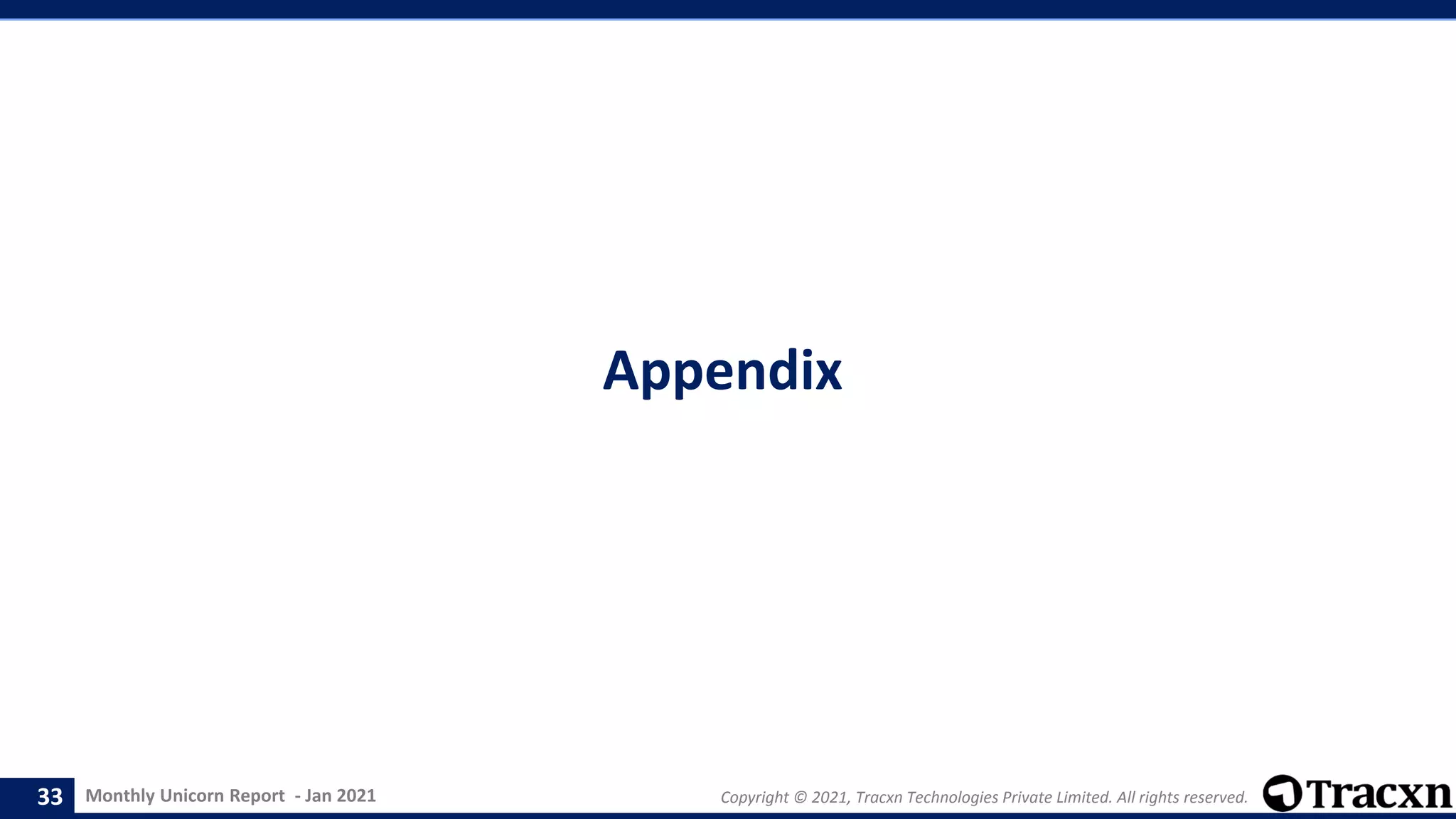 Monthly Unicorn Report - Jan 2021 Copyright © 2021, Tracxn Technologies Private Limited. All rights reserved.
Appendix
33
 
