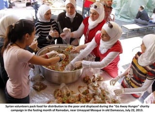 Syrian volunteers pack food for distribution to the poor and displaced during the "Go Away Hunger" charity
campaign in the...