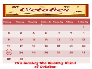 Sunday   Monday   Tuesday   Wednesda   Thursday   Friday   Satu rday
                            y

                                                               1

   2        3        4         5          6          7         8

   9       10        11        12         13         14       15

   16      17        18        19        20          21       22

  23       24       25        26         27          28       29

  30       31
         It’s Sunday the twenty-third
                  of October
 