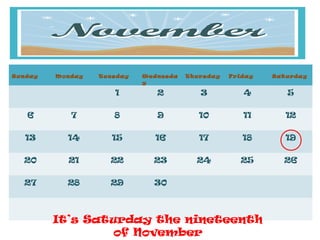 Sunday   Monday   Tuesday   Wednesda   Thursday   Friday   Satu rday
                            y

                     1         2          3          4        5

   6        7        8         9          10         11       12

   13      14        15        16         17         18       19

  20       21       22        23         24         25        26

  27       28       29        30



         It’s Saturday the nineteenth
                  of November
 