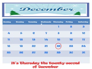 Sunday     Monday   Tuesday   Wednesda   Thursday   Friday   Satu rday
                              y

                                            1          2        3

   4          5        6         7          8          9        10

   11        12        13       14          15         16       17

   18        19       20         21        22         23       24

  25         26       27        28         29          30       31



         It’s Thursday the twenty-second
                   of December
 