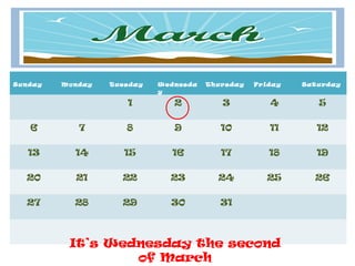Sunday   Monday   Tuesday   Wednesda   Thursday   Friday   Satu rday
                            y

                     1         2          3          4        5

   6        7        8         9          10         11       12

   13      14        15        16         17         18       19

  20       21       22        23         24         25        26

  27       28       29        30          31



          It’s Wednesday the second
                  of March
 
