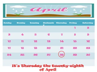 Sunday     Monday   Tuesday   Wednesda   Thursday   Friday   Satu rday
                              y

                                                        1       2

   3          4        5         6          7          8        9

   10         11       12       13         14          15       16

   17        18        19       20          21         22       23

  24         25       26        27         28          29       30



         It’s Thursday the twenty-eighth
                     of April
 