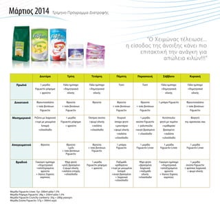 Μάρτιος 2014

Τρίμηνο Πρόγραμμα Διατροφής

“Ο Χειμώνας τέλειωσε...
η είσοδος της άνοιξης κάνει πιο
επιτακτική την ανάγκη για
απώλεια κιλών!!!”
Δευτέρα

Τρίτη

Τετάρτη

Πέμπτη

Παρασκευή

Σάββατο

Κυριακή

Πρωϊνό

1 μερίδα
Figuactiv ρόφημα
+ φρούτο

Γάλα ημίπαχο
+δημητριακά
ολικής

Γάλα ημίπαχο
+δημητριακά
ολικής

Τοστ

Τοστ

Γάλα ημίπαχο
+δημητριακά
ολικής

Γάλα ημίπαχο
+δημητριακά
ολικής

Δεκατιανό

Φρουτοσαλάτα
+ τσάι βοτάνων
Figuactiv

Φρούτα
+ τσάι βοτάνων
Figuactiv

Φρούτα

Φρούτα
+ τσάι βοτάνων
Figuactiv

Φρούτα
+ τσάι βοτάνων
Figuactiv

1 μπάρα Figuactiv

Φρουτοσαλάτα
+ τσάι βοτάνων
Figuactiv

Μεσημεριανό

Ριζότο με λαχανικά
+τυρί με μειωμένα
λιπαρά
+ελαιόλαδο

1 μερίδα
Figuactiv ρόφημα
+ φρούτο

Όσπρια σούπα
+ψωμί ολικής
+σαλάτα
+ελαιόλαδο

Χοιρινό
άπαχο ψητό
+μανιτάρια
+ψωμί ολικής
+σαλάτα
+ελαιόλαδο

1 μερίδα
σούπα Figuactiv
+ γαλοπούλα
+αυγό βρασμένο
+ ελαιόλαδο

Κοτόπουλο
ψητό με τομάτα
+κριθαράκι
βρασμένο
+σαλάτα
+ελαιόλαδο

Φαγητό
της αρεσκείας σας

Απογευματινό

Φρούτα

Φρούτα
+μέλι
+ τσάι βοτάνων
Figuactiv

Φρούτα
+ τσάι βοτάνων
Figuactiv

1 μπάρα
Figuactiv

1 μερίδα
Figuactiv Linee

1 μερίδα
Figuactiv Linee

1 μερίδα
Figuactiv Linee

Βραδινό

Γιαούρτι ημίπαχο
+δημητριακά
+αποξηραμένα
φρούτα
+ λίγους ξηρούς
καρπούς

Ψάρι ψητό
+ρύζι βρασμένο
ή ψωμί ολικής
+σαλάτα εποχής
+ελαιόλαδο

1 μερίδα
Figuactiv ρόφημα
+ φρούτο

Παξιμάδι
κριθαρένιο
+τυρί με μειωμένα
λιπαρά
+αυγό βρασμένο
+ λαχανικά
+ελαιόλαδο

Ψάρι ψητό
+βρασμένα
λαχανικά
+παξιμάδι
ολικής
+ελαιόλαδο

Γιαούρτι ημίπαχο
+δημητριακά
+αποξηραμένα
φρούτα
+ λίγους ξηρούς
καρπούς

1 μερίδα
σούπα Figuactiv
+ φρέσκα λαχανικά
+ ψωμί ολικής

Μερίδα Figuactiv Linee: 7g+ 200ml γάλα 1.5%
Μερίδα Ρόφημα Figuactiv: 28g + 250ml γάλα 1.5%
Μερίδα Figuactiv Crunchy cranberry: 35g + 200g γιαούρτι
Μερίδα Σούπα Figuactiv: 57g + 300ml νερό

 