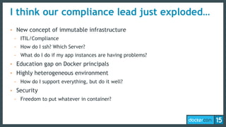 I think our compliance lead just exploded…
• New concept of immutable infrastructure
- ITIL/Compliance
- How do I ssh? Which Server?
- What do I do if my app instances are having problems?
• Education gap on Docker principals
• Highly heterogeneous environment
- How do I support everything, but do it well?
• Security
- Freedom to put whatever in container?
 