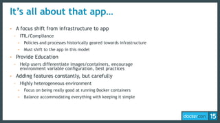 It’s all about that app…
• A focus shift from infrastructure to app
- ITIL/Compliance
• Policies and processes historically geared towards infrastructure
• Must shift to the app in this model
• Provide Education
- Help users differentiate images/containers, encourage
environment variable configuration, best practices
• Adding features constantly, but carefully
- Highly heterogeneous environment
• Focus on being really good at running Docker containers
• Balance accommodating everything with keeping it simple
 
