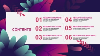CONTENTS
01
02
03
04
05
06
RESEARCH MEANING
Click here to add the text, and please
try to explain your point of view as
succinctly as possible.
RESEARCH FEATURE
Click here to add the text, and please
try to explain your point of view as
succinctly as possible.
RESEARCH PROCESS
Click here to add the text, and please
try to explain your point of view as
succinctly as possible.
RESEARCH PRACTICE
Click here to add the text, and please
try to explain your point of view as
succinctly as possible.
RESEARCH INNOVATION
Click here to add the text, and please try to explain
your point of view as succinctly as possible.
RESEARCH SIGNIFICANCE
Click here to add the text, and please
try to explain your point of view as
succinctly as possible.
 