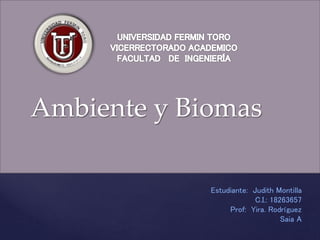 {
Ambiente y Biomas
Estudiante: Judith Montilla
C.I.: 18263657
Prof: Yira. Rodríguez
Saia A
 