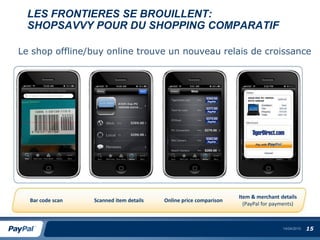 LES FRONTIERES SE BROUILLENT:
  SHOPSAVVY POUR DU SHOPPING COMPARATIF

Le shop offline/buy online trouve un nouveau relais de croissance




                                                                   Item & merchant details
  Bar code scan   Scanned item details   Online price comparison
                                                                     (PayPal for payments)



                                                                                    14/04/2010   15
 