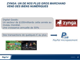 ZYNGA: UN DE NOS PLUS GROS MARCHAND
   VEND DES BIENS NUMÉRIQUES



Digital Goods:
Un secteur de $100milliards cette année au
niveau mondial.
Une croissance annuelle de 50%


Des transactions de quelques € au plus

                                             PayPal micropaiement




                                                           14/04/2010   3
 