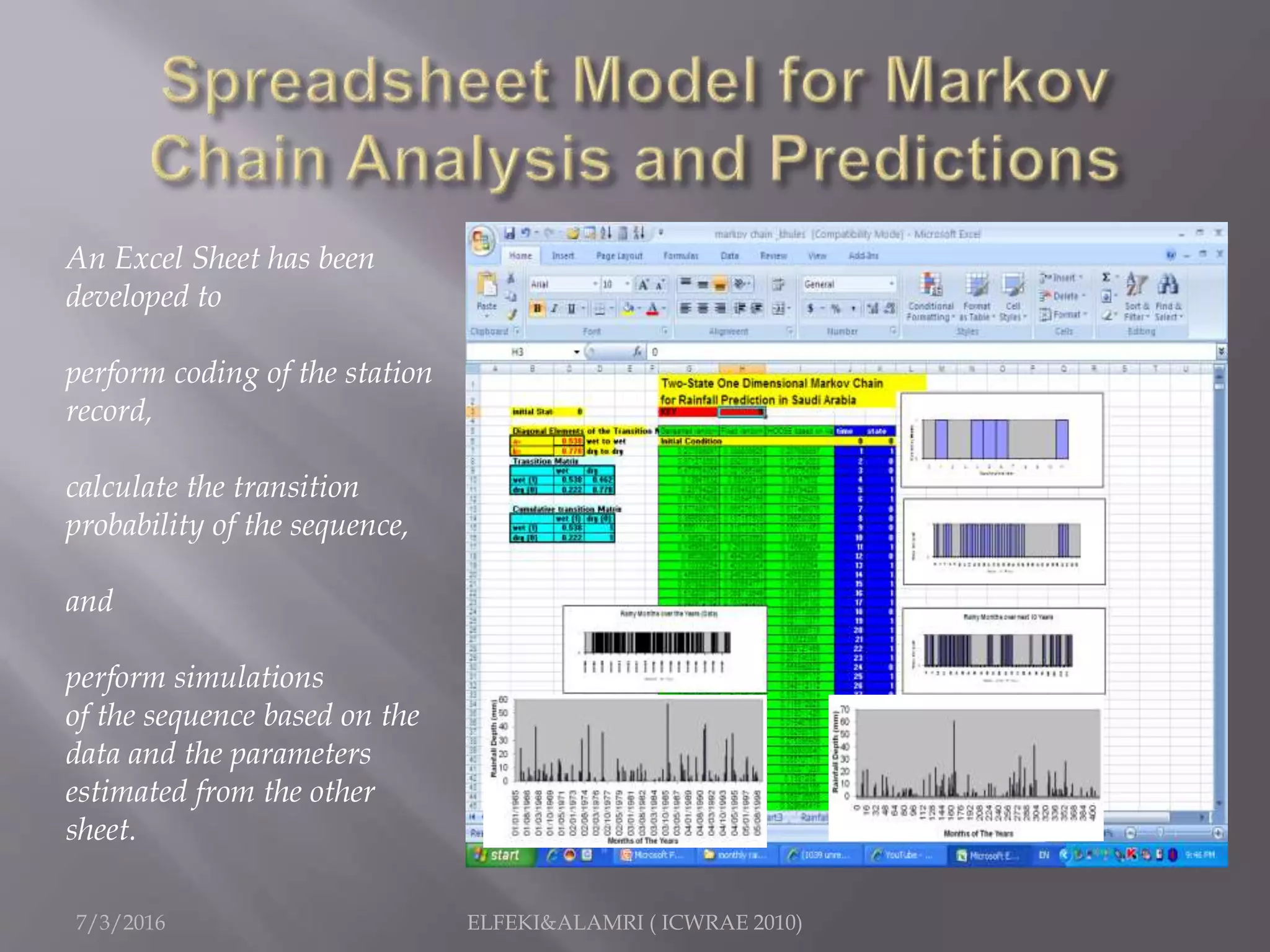 7/3/2016 ELFEKI&ALAMRI ( ICWRAE 2010)
An Excel Sheet has been
developed to
perform coding of the station
record,
calculate the transition
probability of the sequence,
and
perform simulations
of the sequence based on the
data and the parameters
estimated from the other
sheet.
 