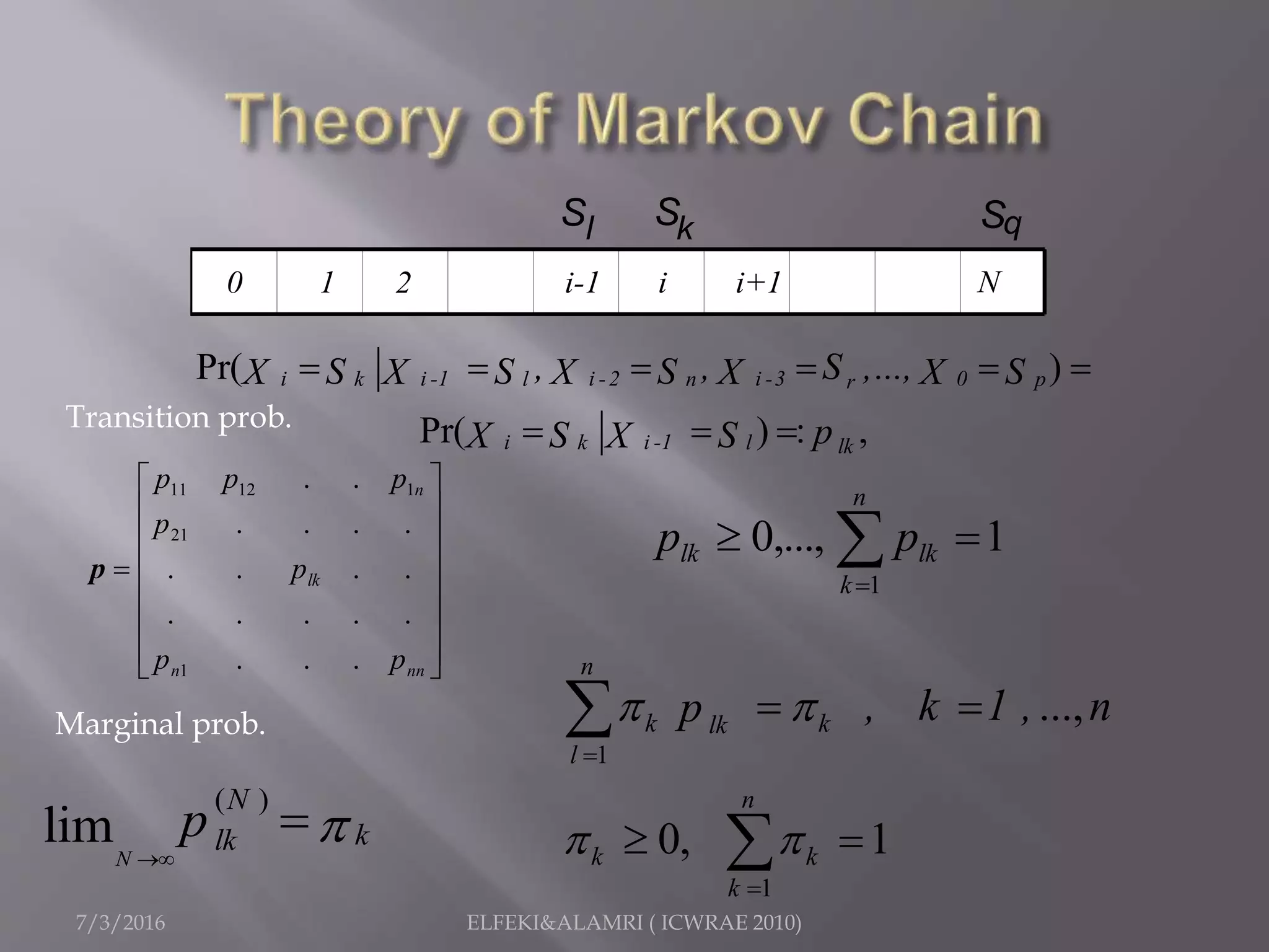 7/3/2016 ELFEKI&ALAMRI ( ICWRAE 2010)
SS S
i0 1 i+1i-1 N2
l k q
Pr( )
Pr( ) : ,
i i -1 i -2 i -3 0k l n pr
i i -1k l lk
, , S ,...,S S S SX X X X X
pS SX X
     
  
...
.....
....
....
..
1
21
11211

















nnn
lk
n
pp
p
p
ppp
p
1,...,0
1
pp
n
k
lklk  
( )
limN
N
klkp 

1
1
...,
0, 1
n
k klk
l
n
k k
k
, k 1 , np 
 


 
 


Marginal prob.
Transition prob.
 