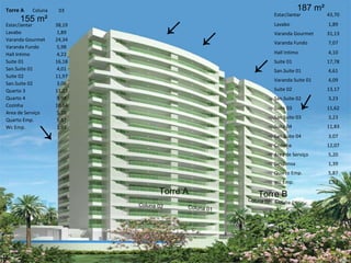 TORRE  A  Coluna 01 e 02 TORRE  B Coluna 03 187 m² ↙ Torre A Torre B  Coluna 01 Coluna 02 Coluna 02 Coluna 01 187 m² 155 m² ↘ ↙ ↙ ↙ Estar/Jantar 43,70 Lavabo 1,89 Varanda Gourmet 31,13 Varanda Fundo 7,07 Hall Intimo 4,10 Suite 01 17,78 San.Suite 01 4,61 Varanda Suite 01 4,09 Suite 02 13,17 San.Suite 02 3,23 Suite 03 11,62 San.Suite 03 3,23 Suite 04 11,83 San.Suite 04 3,07 Cozinha 12,07 Area de Serviço 5,20 Despensa 1,39 Quarto Emp. 5,87 Wc Emp. 1,93 Torre A   Coluna 03 Estar/Jantar 38,19 Lavabo 1,89 Varanda Gourmet 24,34 Varanda Fundo 5,98 Hall Intimo 4,22 Suite 01 16,18 San.Suite 01 4,01 Suite 02 11,97 San.Suite 02 3,06 Quarto 3 11,27 Quarto 4 9,98 Cozinha 10,64 Area de Serviço 5,20 Quarto Emp. 5,87 Wc Emp. 1,91 