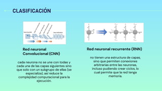 CLASIFICACIÓN
no tienen una estructura de capas,
sino que permiten conexiones
arbitrarias entre las neuronas,
incluso pudiendo crear ciclos, lo
cual permite que la red tenga
memoria.
cada neurona no se une con todas y
cada una de las capas siguientes sino
que solo con un subgrupo de ellas (se
especializa), así reduce la
complejidad computacional para la
ejecución.
Red neuronal
Convolucional (CNN)
Red neuronal recurrente (RNN)
 