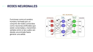 REDES NEURONALES
Funcionan como el cerebro
humano, formado por un
conjunto de nodos conocidos
como neuronas artiﬁciales que
están conectadas y transmiten
señales entre sí, las cuales van
desde una entrada hasta
generar una salida.
 