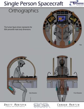 Brett Montoyalinkedin.com/in/brettmontoya
Canaan Martinlinkedin.com/in/canaanskyemartin
College of Engineering
University of Houston
Single PersoSingle Person SpacecraftSingle Person Spacecraft
OrthographicsOrthographics
Interior Design Competition
Plan
The human figure shown represents the
95th percentile male body dimensions.
Front ElevationSide Elevation
 