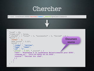 Chercher
    $ curl localhost:9200/twitter/tweet/_search?q=elasticsearch




{
    "took" : 24,
    "timed_out" : false,
    "_shards" : { "total" : 5, "successful" : 5, "failed" : 0 },
    "hits" : {
      "total" : 1,                                           Document
      "max_score" : 0.227,
      "hits" : [ {
                                                              source
        "_index" : "twitter",
        "_type" : "tweet",
        "_id" : "1",
        "_score" : 0.227, "_source" : {
          "text": "Bienvenue à la conférence #elasticsearch pour #JUG",
          "created_at": "2012-04-06T20:45:36.000Z",
          "source": "Twitter for iPad",
          […]
        }
      } ]
    }
}
 