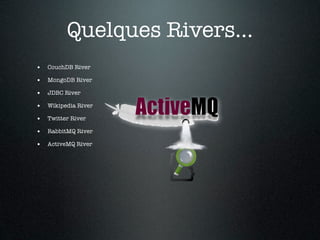 Quelques Rivers...
• CouchDB River
• MongoDB River
• JDBC River
• Wikipedia River
• Twitter River
• RabbitMQ River
• ActiveMQ River
 