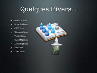 Quelques Rivers...
• CouchDB River
• MongoDB River
• JDBC River
• Wikipedia River
• Twitter River
• RabbitMQ River
• ActiveMQ River
• RSS River
• LDAP River
 
