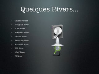 Quelques Rivers...
• CouchDB River
• MongoDB River
• JDBC River
• Wikipedia River
• Twitter River
• RabbitMQ River
• ActiveMQ River
• RSS River
• LDAP River
• FS River
 