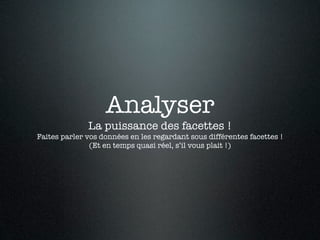 Analyser
              La puissance des facettes !
Faites parler vos données en les regardant sous différentes facettes !
               (Et en temps quasi réel, s’il vous plait !)
 