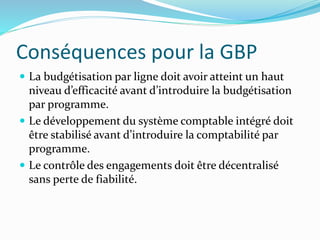 Conséquences pour la GBP
 La budgétisation par ligne doit avoir atteint un haut
niveau d’efficacité avant d’introduire la budgétisation
par programme.
 Le développement du système comptable intégré doit
être stabilisé avant d’introduire la comptabilité par
programme.
 Le contrôle des engagements doit être décentralisé
sans perte de fiabilité.
 