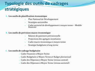 Typologie des outils de cadrages
stratégiques
A. Les outils de planification économique
 Plan National de Développement
 Stratégies sectorielles
 Cadre sectoriel de développement à moyen terme – Modèle
financier
B. Les outils de prévision macro-économique
 Balance de paiement prévisionnelle
 Projections des agrégats monétaires
 Cadre macro-économique à moyen terme
 Stratégie budgétaire à long terme
C. Les outils de cadrage budgétaire
 Cadre Financier à Moyen Terme
 Cadre Budgétaire à Moyen Terme et Budget pluriannuel
 Cadre des Dépenses à Moyen Terme (niveau central)
 Cadre des Dépenses à Moyen Terme (niveau sectoriel)
 