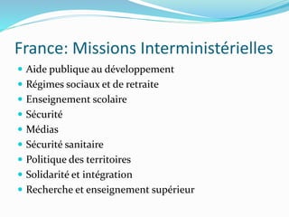France: Missions Interministérielles
 Aide publique au développement
 Régimes sociaux et de retraite
 Enseignement scolaire
 Sécurité
 Médias
 Sécurité sanitaire
 Politique des territoires
 Solidarité et intégration
 Recherche et enseignement supérieur
 
