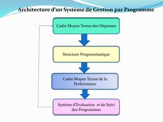 Structure Programmatique
Cadre Moyen Terme des Dépenses
Cadre Moyen Terme de la
Performance
Système d’Evaluation et de Suivi
des Programmes
Architecture d’un Système de Gestion par Programme
 