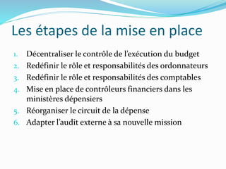 Les étapes de la mise en place
1. Décentraliser le contrôle de l’exécution du budget
2. Redéfinir le rôle et responsabilités des ordonnateurs
3. Redéfinir le rôle et responsabilités des comptables
4. Mise en place de contrôleurs financiers dans les
ministères dépensiers
5. Réorganiser le circuit de la dépense
6. Adapter l’audit externe à sa nouvelle mission
 