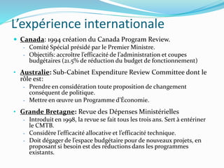 L’expérience internationale
 Canada: 1994 création du Canada Program Review.
- Comité Spécial présidé par le Premier Ministre.
- Objectifs: accroître l’efficacité de l’administration et coupes
budgétaires (21.5% de réduction du budget de fonctionnement)
• Australie: Sub-Cabinet Expenditure Review Committee dont le
rôle est:
- Prendre en considération toute proposition de changement
conséquent de politique.
- Mettre en œuvre un Programme d’Économie.
• Grande Bretagne: Revue des Dépenses Ministérielles
- Introduit en 1998, la revue se fait tous les trois ans. Sert à entériner
le CMTB.
- Considère l’efficacité allocative et l’efficacité technique.
- Doit dégager de l’espace budgétaire pour de nouveaux projets, en
proposant si besoin est des réductions dans les programmes
existants.
 