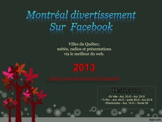 https://www.facebook.com/Troissyjoli
•Dr’ville - Aut. 20-O - Aut. 25-S
• Tr-Riv. - Aut. 40-O - sortie 80-S - Aut 25-S
•Sherbrooke – Aut. 10-O – Sortie 58
Villes du Québec;
météo, radios et présentations
via le meilleur du web.
 