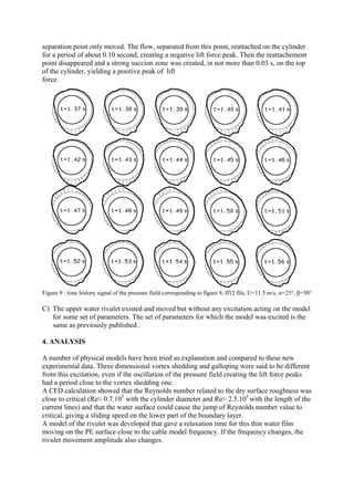separation point only moved. The flow, separated from this point, reattached on the cylinder
for a period of about 0.10 second, creating a negative lift force peak. Then the reattachement
point disappeared and a strong succion zone was created, in not more than 0.03 s, on the top
of the cylinder, yielding a positive peak of lift
force.
Figure 9 : time history signal of the pressure field corresponding to figure 8, ff12 file, U=11.5 m/s, α=25°, β=50°
C) The upper water rivulet existed and moved but without any excitation acting on the model
for some set of parameters. The set of parameters for which the model was excited is the
same as previously published .
4. ANALYSIS
A number of physical models have been tried as explanation and compared to these new
experimental data. Three dimensional vortex shedding and galloping were said to be different
from this excitation, even if the oscillation of the pressure field creating the lift force peaks
had a period close to the vortex shedding one.
A CFD calculation showed that the Reynolds number related to the dry surface roughness was
close to critical (Re≈ 0.7.105
with the cylinder diameter and Re≈ 2.5.105
with the length of the
current lines) and that the water surface could cause the jump of Reynolds number value to
critical, giving a sliding speed on the lower part of the boundary layer.
A model of the rivulet was developed that gave a relaxation time for this thin water film
moving on the PE surface close to the cable model frequency. If the frequency changes, the
rivulet movement amplitude also changes.
 