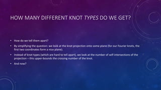 HOW MANY DIFFERENT KNOT TYPES DO WE GET?
• How do we tell them apart?
• By simplifying the question: we look at the knot projection onto some plane (for our Fourier knots, the
first two coordinates form a nice plane).
• Instead of knot types (which are hard to tell apart), we look at the number of self-intersections of the
projection – this upper-bounds the crossing number of the knot.
• And now?
 