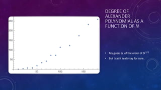 DEGREE OF
ALEXANDER
POLYNOMIAL AS A
FUNCTION OF N
• My guess is of the order of 𝑁3/2
• But I can’t really say for sure.
 